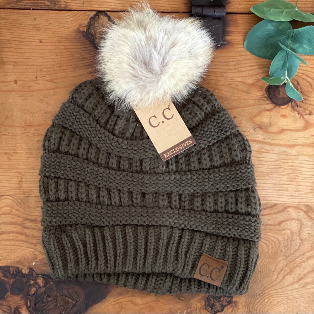 Olive Green CC Faux Fur Pom Beanie